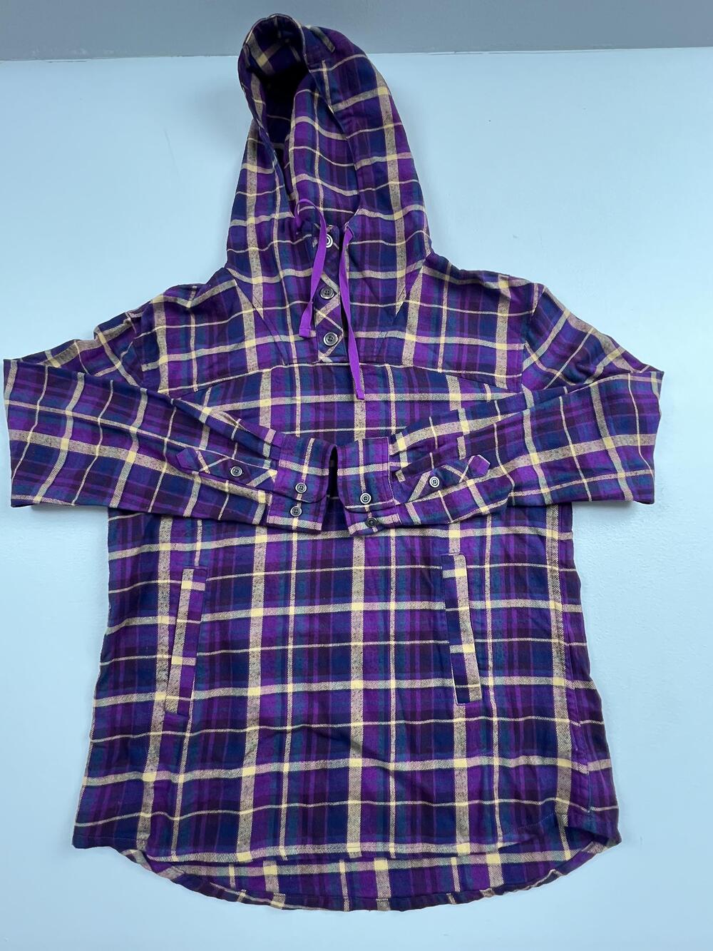 Marmot Shirt Medium Purple Plaid Hooded Flannel Long Sleeve Henley Pullover